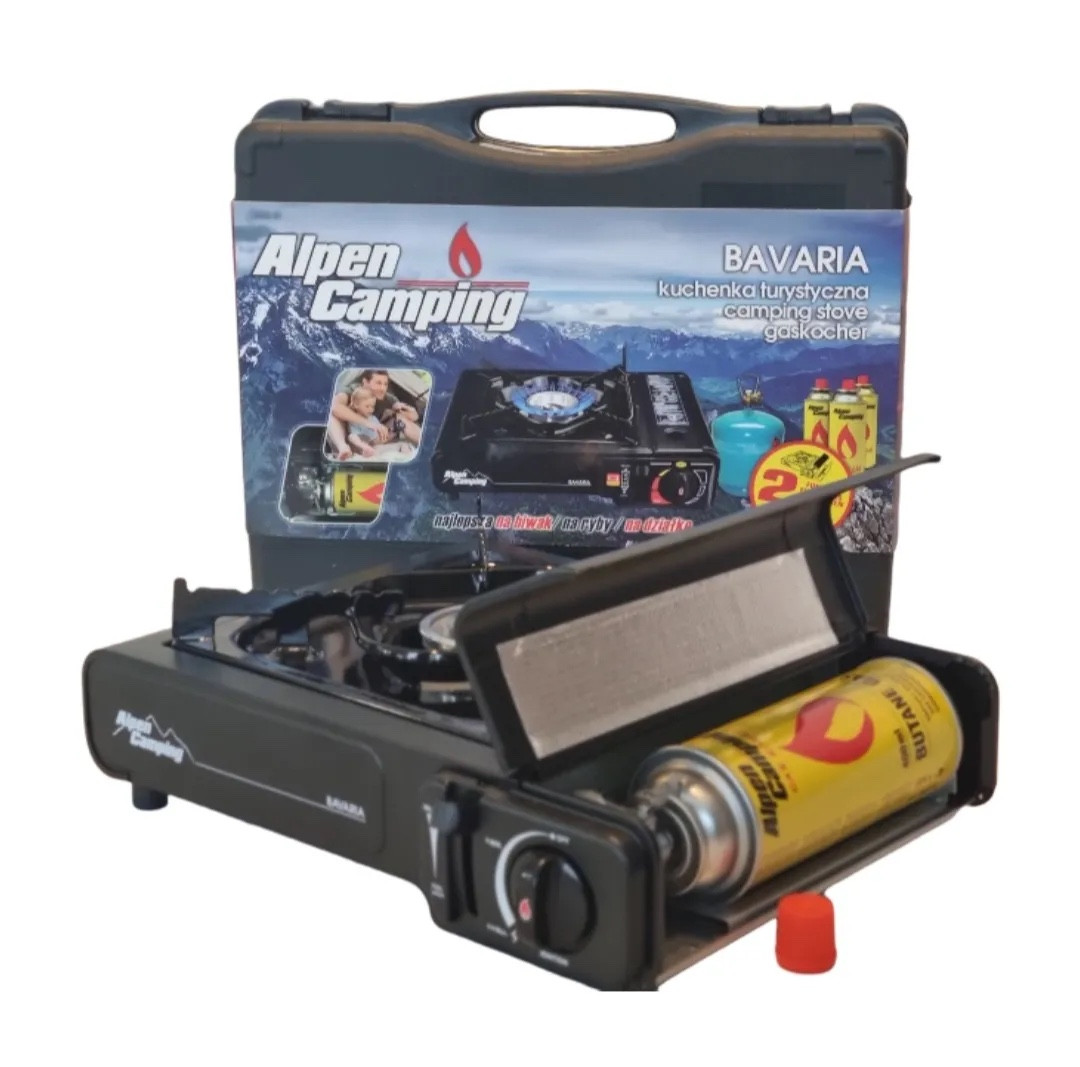 Газовая плита Alpen Camping Bavaria с газовым баллоном и адаптером в кейсе 2200 Вт туристическая одноконфорочная плита портативная газовая плита